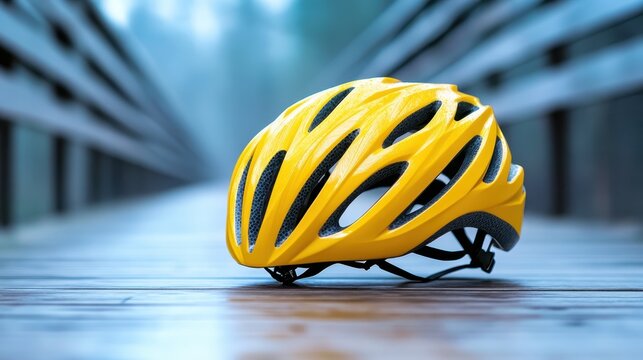 A striking yellow bicycle helmet rests on a weathered wooden pathway, symbolizing safety and adventure in outdoor cycling activities for enthusiasts and professionals alike.
