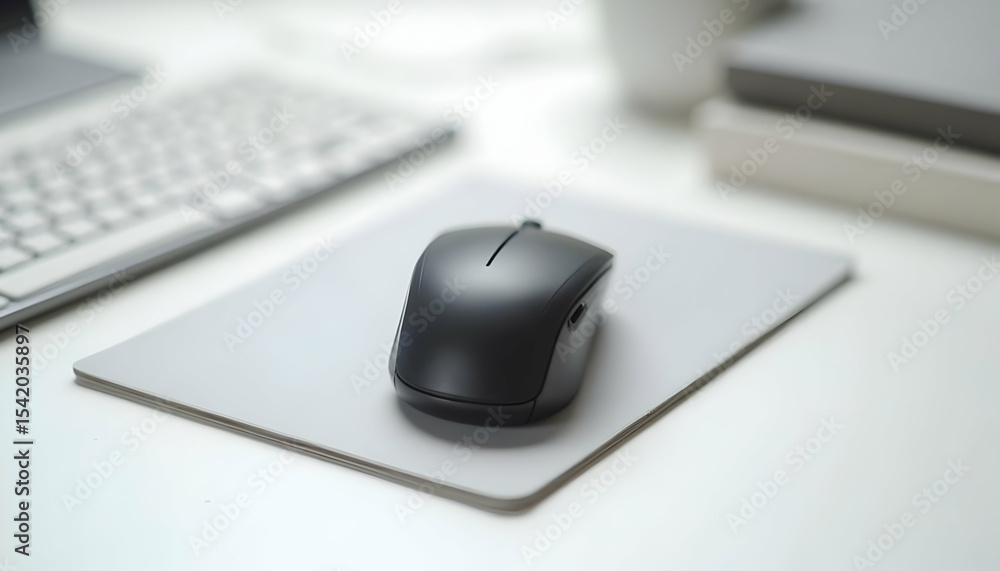 Poster wireless computer mouse on mousepad, desk workspace, for work and study