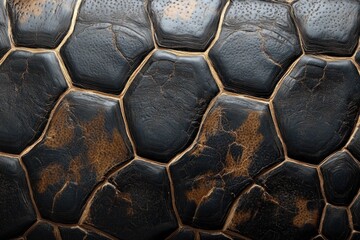 Turtle shell texture with copy space. Close-up turtle pattern. Reptile shell design. Turtle scales. Realistic turtle shell. Turtle design texture. Detailed turtle shell close-up. Wild Animal texture.
