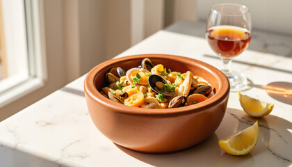 Seafood pasta served in a rustic bowl with lemon and wine  