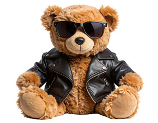 Cool Teddy Bear with Sunglasses and Leather Jacket, Sitting Pose, isolated on transparent background.