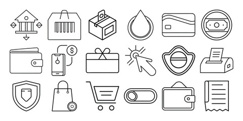 Collection of line icons related to online shopping banking and finance isolated on white background