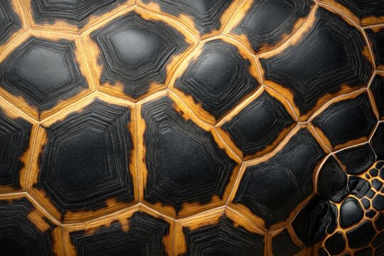 Turtle shell texture with copy space. Close-up turtle pattern. Reptile shell design. Turtle scales. Realistic turtle shell. Turtle design texture. Detailed turtle shell close-up. Wild Animal texture.