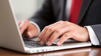 Fototapeta premium Close-Up View of Business Professional Typing on Laptop Keyboard in Office Setting with Formal Attire and Focused Expression for Work or Communication Purposes