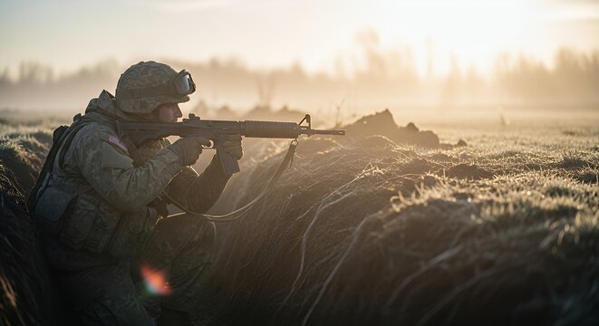 Soldier Aiming Rifle From Trench in Field During Sunrise