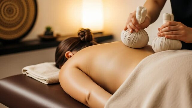 A woman receives an herbal compress massage with two white bags on her back to relax and for wellness therapy video footage.