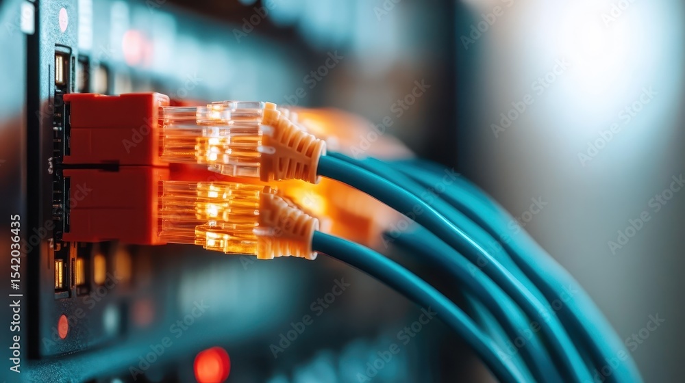 Poster close-up view of ethernet cables connected to a server, highlighting the technological infrastructur