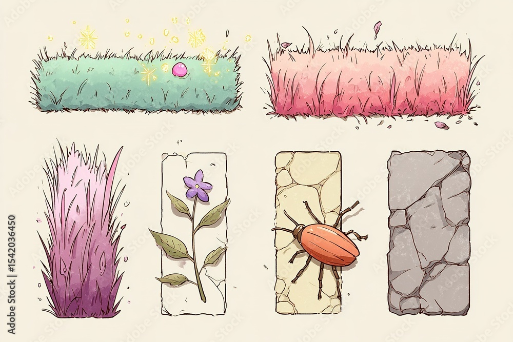 Poster illustrations of various grass types and natural elements in a whimsical style for creative design p