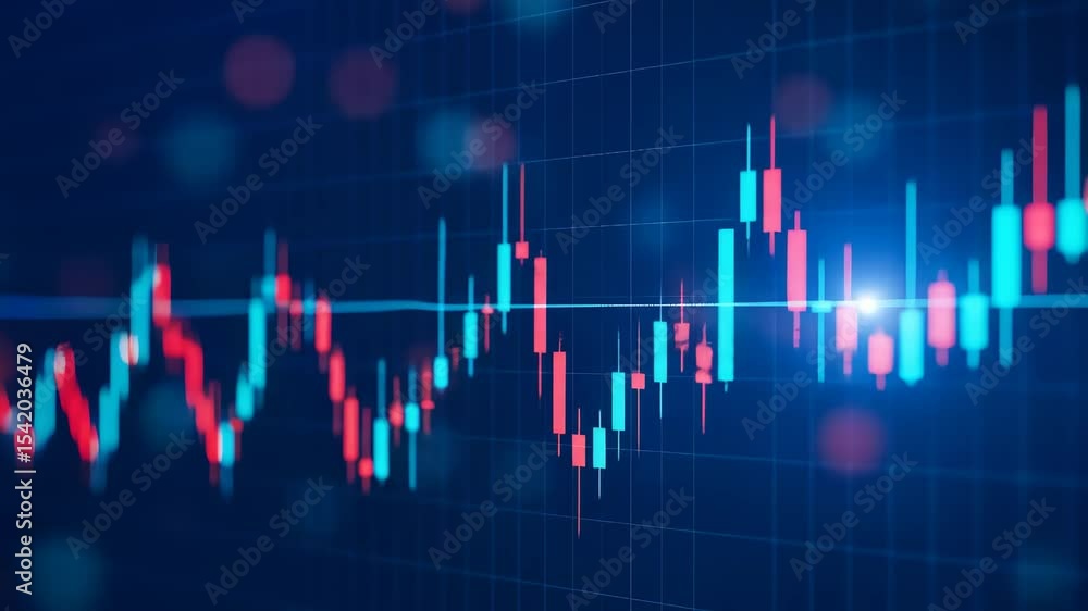 Poster financial chart with candlestick pattern on blue grid. trading graph showing market data and stock e