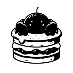 A stylized twolayer cake with cherries on top rendered in black and white