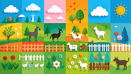 Whimsical paper cut collection of garden animals and birds, with colorful mosaic-style backdrops.
