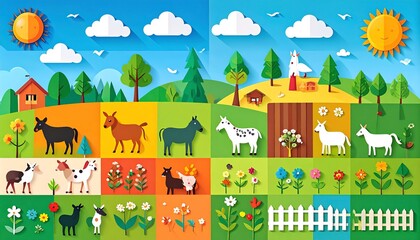 Farm pets and forest animals with cute birds in paper cut style, set against vibrant mosaic garden backgrounds.