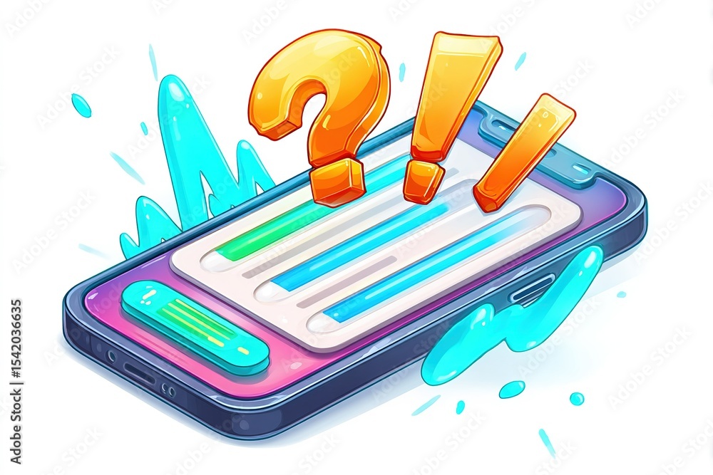 Poster colorful smartphone illustration showing vibrant user interface with question marks and exclamation 