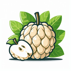 A sugar apple with leafy backdrop and a halved piece displaying seeds