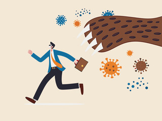 Bear market by COVID-19 Virus pandemic, stock market panic sell from novel corona virus, investor sell all their assets concept, panic businessman run away from bear claw with COVID-19 virus pathogens