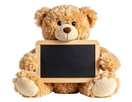 Cute Plush Teddy Bear with Chalkboard Sign, isolated on transparent background.