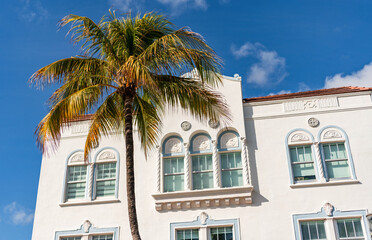 Art Deco building architecture. Architectural building. Modern hotel. Art deco architectural district. Art Deco. Modern building of Miami beach. Ocean drive. Miami South Beach in Ocean Drive