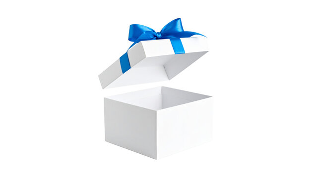 White open gift box with blue ribbon isolated on white