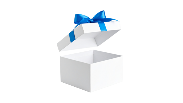 White open gift box with blue ribbon isolated on white