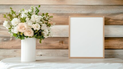 A beautifully arranged bouquet of white and peach flowers sits next to a blank picture frame on a rustic table, radiating elegance and inviting viewers to bring their own memories into the space.