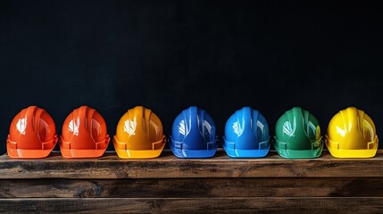 Colorful Hard Hats Arranged on Wooden Surface for Safety and Construction Themes, Representing Teamwork and Protection in Industrial Environments