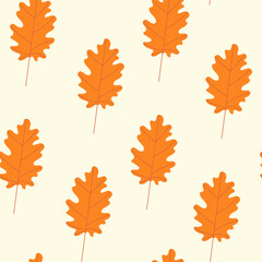 A simple seamless pattern of oak yellow leaves on a light coloured background. Can be used as a print on fabric, as packaging and much more Autumn-themed vector illustration