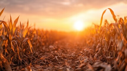 Fototapeta premium A picturesque view of a cornfield bathed in golden sunlight during sunset, capturing the beauty of ripening crops as day transitions into night, evoking warmth and tranquility.