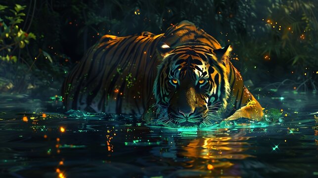 Tiger resting in a glowing river.
