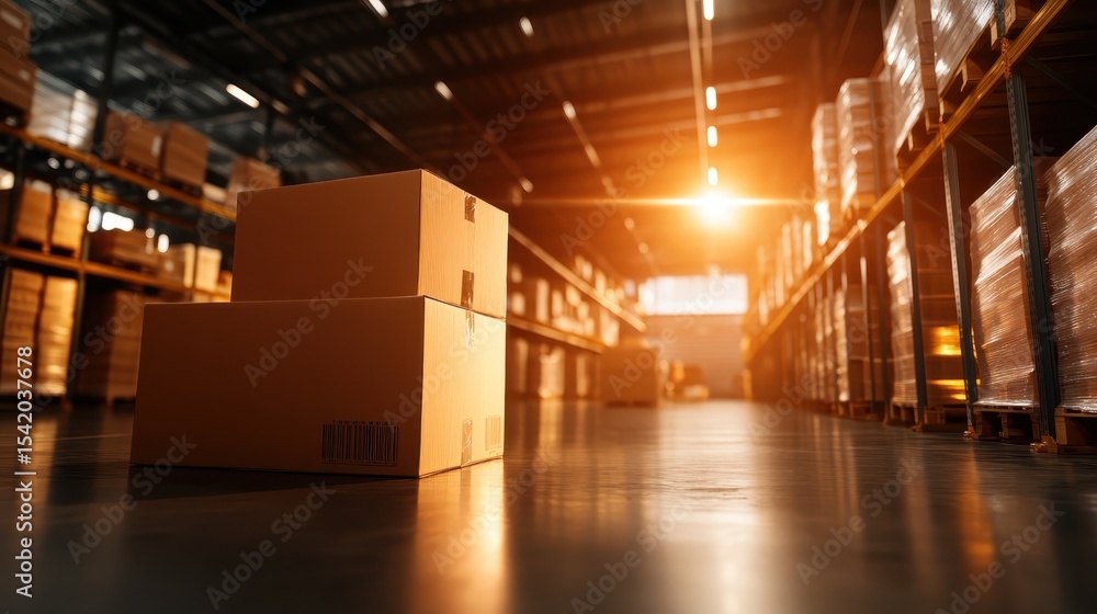 Aufkleber an interior view of a warehouse featuring stacks of boxes lit by soft glowing light, creating an atm