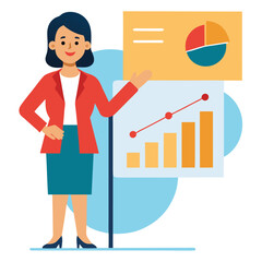  confident female speaker pointing a chart on pro