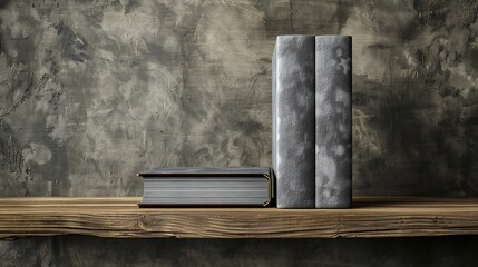 Two books on a wooden shelf against a textured wall.