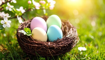 close up easter eggs in a nest