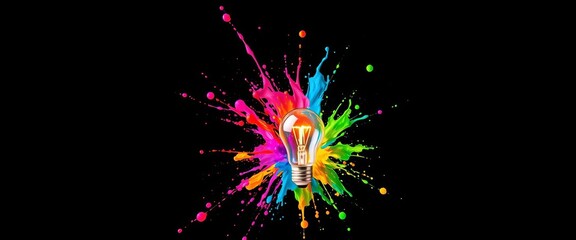 Fototapeta premium A lightbulb explodes in a vibrant paint splash against a black backdrop, whimsical, imagination