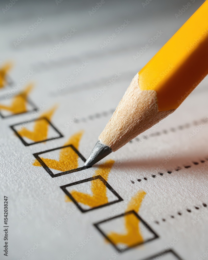 Aufkleber close-up of yellow pencil marking checked boxes on checklist paper in soft light for task completion