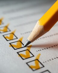 Close-Up of Yellow Pencil Marking Checked Boxes on Checklist Paper in Soft Light for Task Completion or Organization Themes
