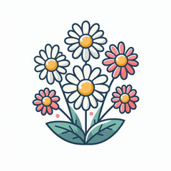 A vibrant bouquet of daisies both white and pink with lush green leaves