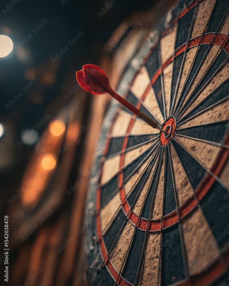 Aufkleber close-up view of dart board with dart striking bullseye in a dimly lit bar setting
