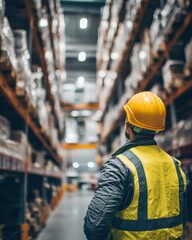 Construction Worker in Yellow Hard Hat Observing Warehouse Operations with Products on Shelves