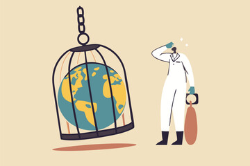 Coronavirus COVID-19 lockdown or quarantine, restricted access to country combat with COVID-19 virus outbreak, medical worker full protective gear with key after locked sick earth planet in cage