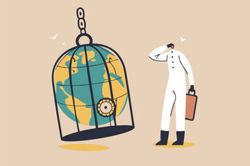 Coronavirus COVID-19 lockdown or quarantine, restricted access to country combat with COVID-19 virus outbreak, medical worker full protective gear with key after locked sick earth planet in cage