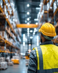 Warehouse Worker in Yellow Safety Vest and Hard Hat Inspecting Stock Inventory in Modern Distribution Center