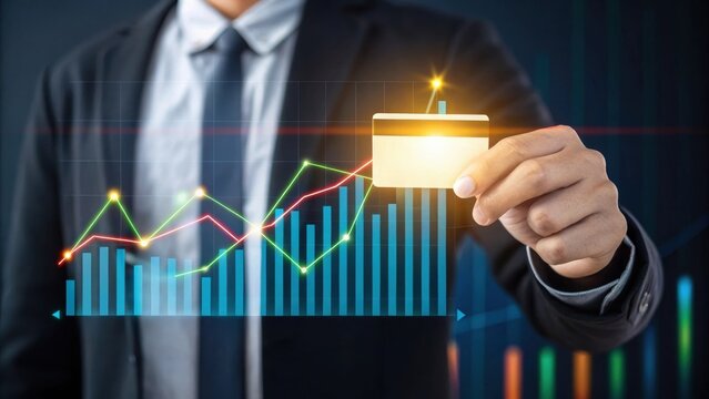 A business professional holds a credit card, analyzing data trends on a digital screen with colorful graphs and charts in the background. - Powered by Adobe