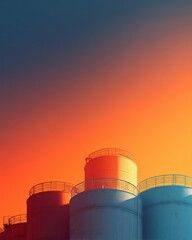Colorful Sunset Over Industrial Storage Tanks with Vibrant Sky and Silhouetted Structures