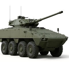 Isolated Russian military tank, a powerful armored battle vehicle with a heavy green cannon and camouflage turret, ready for war