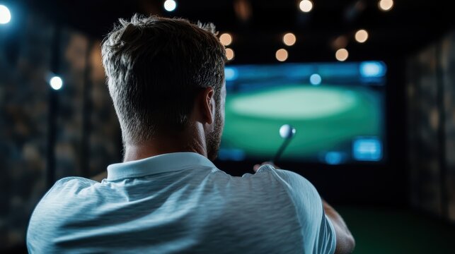 A focused golfer stands poised to swing in an indoor simulator, capturing the excitement of training and improvement in a dynamic, sport-oriented environment. - Powered by Adobe