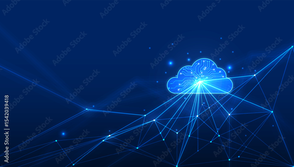 Poster futuristic digital of a cloud technology system with glowing network lines and data points on a dark
