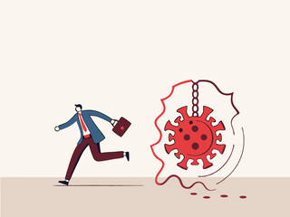 Virus disease outbreak protection failure, COVID-19 virus destroy lock down wall and spread into country concept, wrecking ball as COVID-19 pathogen destroy and demolish wall, business man run away.