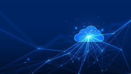 Futuristic digital of a cloud technology  system with glowing network lines and data points on a dark blue background, representing digital transformation and cloud infrastructure.
