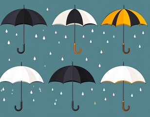 Stylish umbrella in the rain, soft blue background with water droplets gently falling.