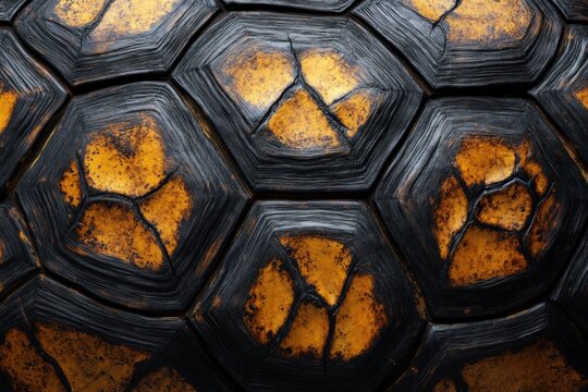 Turtle shell texture with copy space. Close-up turtle pattern. Reptile shell design. Turtle scales. Realistic turtle shell. Turtle design texture. Detailed turtle shell close-up. Wild Animal texture.